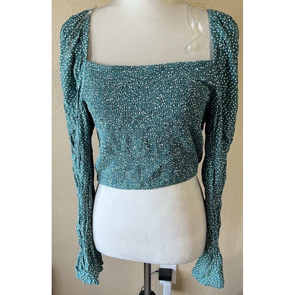 Blue Rain Women’s M Crop Top Green Dots Peasant Sleeve Boho Festival NWT